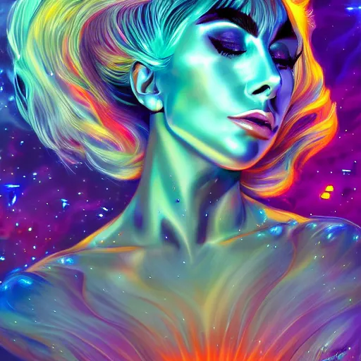 Image similar to lady gaga, lady gaga, lady gaga, galaxies and nebula flowing out of his body, artgerm, psychedelic floral planets, trending on artstation