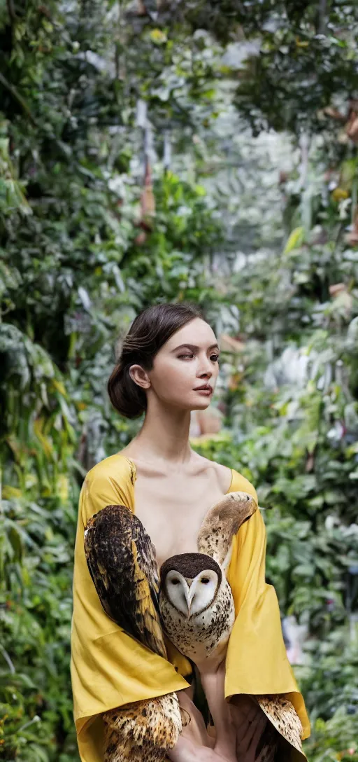 Image similar to head to shoulder portrait film photograph of an elegant top model wearing a yellow kimono with a very detailed barn owl on her shoulder!!! in a tropical greenhouse. looking at the camera!!. super resolution. 85 mm f1.8 lens.bokeh. graflex. by Alessio albi !