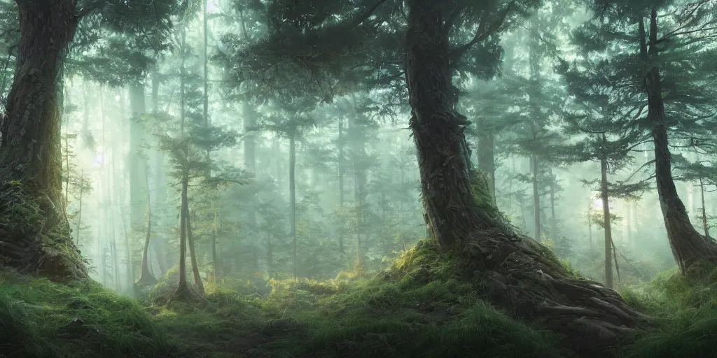 Prompt: a forest, highly detailed oil painting, hyperrealism, ideal lighting, Studio Ghibli, Jessica Rossier, digital art, octane render, beautiful composition, trending on artstation, masterpiece