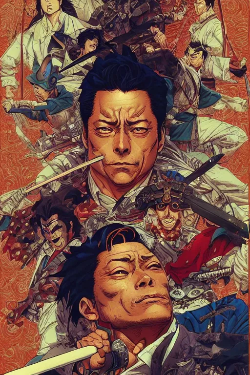 Image similar to poster of jordan belfort as a samurai, by yoichi hatakenaka, masamune shirow, josan gonzales and dan mumford, ayami kojima, takato yamamoto, barclay shaw, karol bak, yukito kishiro