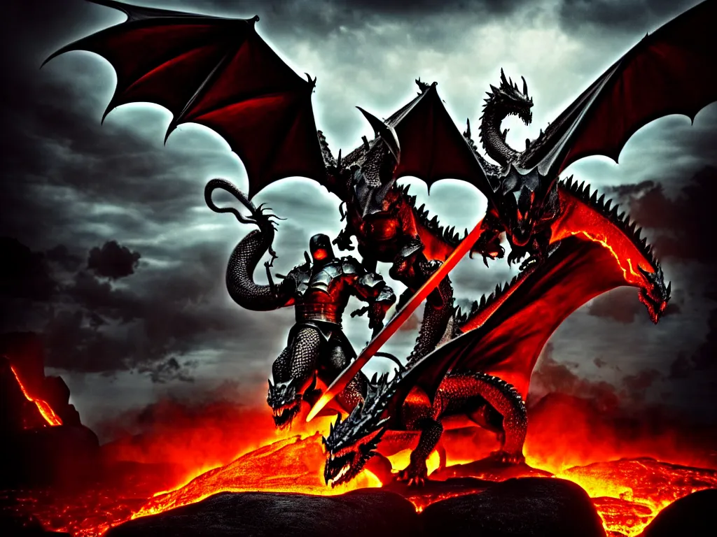 Prompt: the dragonslayer dark knight of the lava with a white sword of bone standing over a giant slain dragon smoldering, cinematic photograph vividly detailed