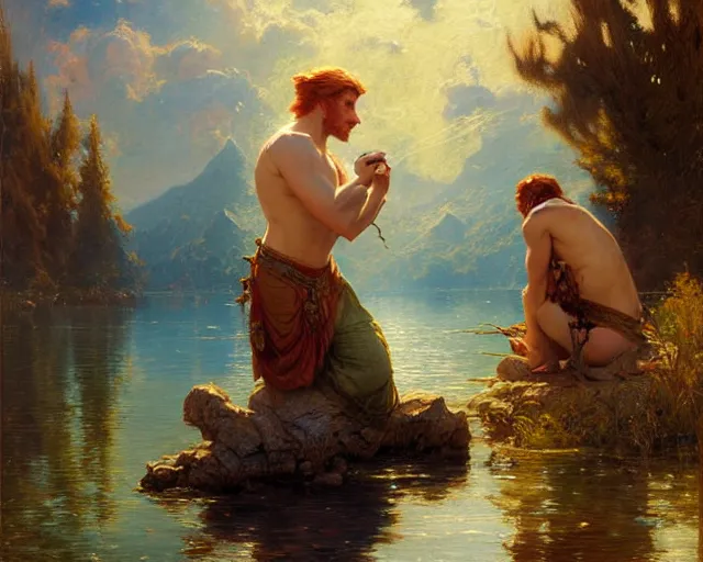 Image similar to attractive male wizard casting powerful water spell in a beautiful lake. highly detailed painting by gaston bussiere, craig mullins, j. c. leyendecker 8 k