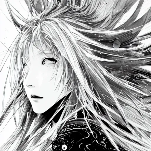 Image similar to Yoshitaka Amano blurred and dreamy illustration of an anime girl with wavy white hair and cracks on her face wearing Elden ring armour with the cape fluttering in the wind, abstract black and white patterns on the background, noisy film grain effect, highly detailed, Renaissance oil painting, weird portrait angle