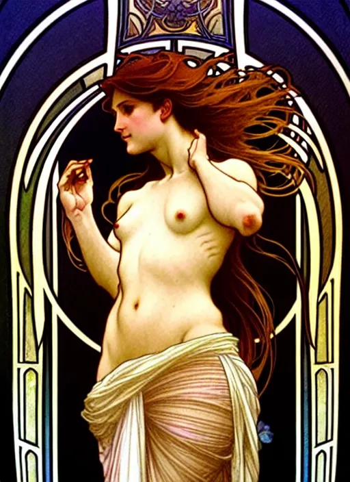 Image similar to awe-inspiring award-winning concept art nouveau painting of attractive figure called the goddess of the moonbow, by Alphonse Mucha, Michael Whelan, William Adolphe Bouguereau, John Williams Waterhouse, and Donato Giancola, fierce, extremely moody lighting, glowing light and shadow, atmospheric, shadowy, cinematic, diffuse lighting, fantasy, intricate, elegant, highly detailed, lifelike, photorealistic, digital painting, artstation, illustration, concept art, smooth, sharp focus, art by John Collier and Albert Aublet and Leonardo da vinci and Krenz Cushart and Artem Demura and Alphonse Mucha