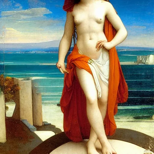 Image similar to A girl with ancient greek clothes on the front of a Balustrade with a beach on the background, major arcana, by paul delaroche, hyperrealistic