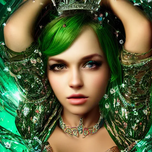Image similar to wonderful princess with smooth fair skin, alluring eyes, green jewelry, breathtaking, elegant, intricate, hyper detailed, accent lighting, 4 k glamour photography, octane render