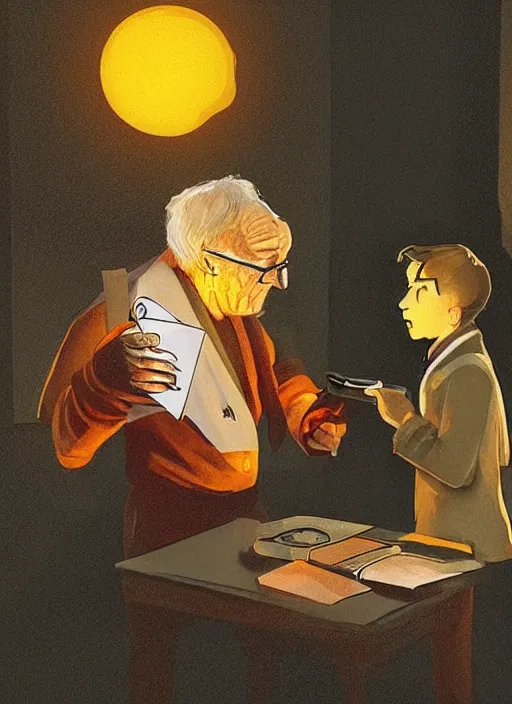 Prompt: a kind old British scientist is teaching his protégée about alchemy and magic from a mysterious orange book. The book has a glowing vial 🧪 on the cover.