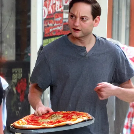 Image similar to tobey maguire eating the biggest pizza in the world