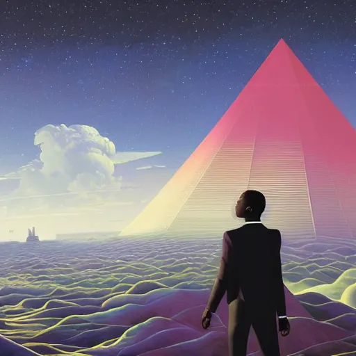 Image similar to a young thoughtful black man in a designer suit making a fingers tented gesture, on cosmic cloudscape with flying pyramids in the background, italian futurism, Dan Mumford, da vinci, Josan Gonzalez