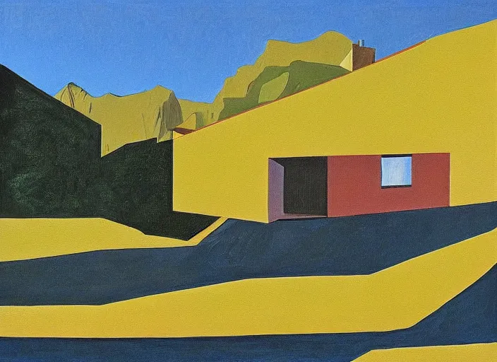 Image similar to painting of a corbusier house in in front of beautiful mountains by wayne thiebaud