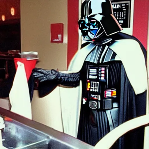 Prompt: Darth Vader takes your food order at Good Burger, he's wearing a food safety hair net