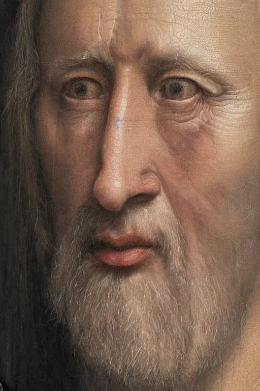 Image similar to hyperrealism close-up portrait Face is half old and half young in style of da Vinci