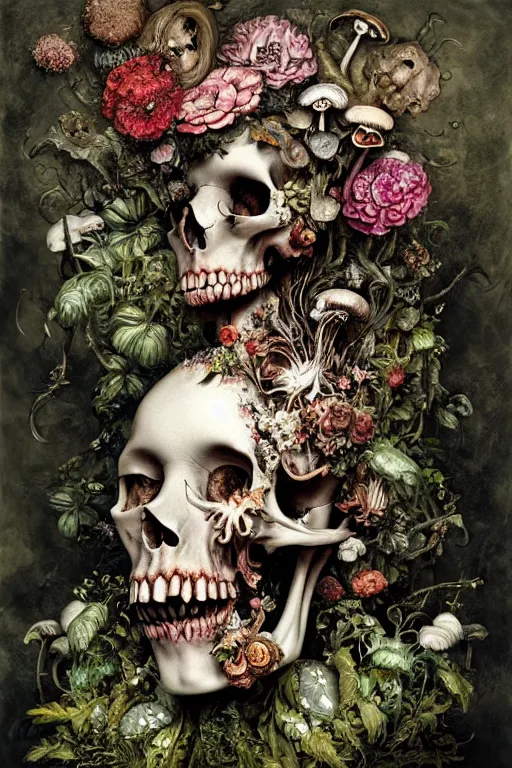 Image similar to a beautiful detailed rococo of a rotten woman corpse becoming almost a skull with face muscles, veins, arteries, fractal plants and fractal flowers and mushrooms growing around, intricate, ornate, surreal, ray caesar, john constable, guy denning, dan hillier