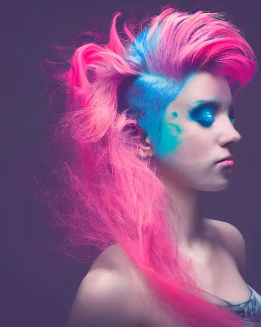 Image similar to a dramatic lighting photo of a beautiful young woman with cotton candy hair. blood splashes with a little bit of cyan and pink