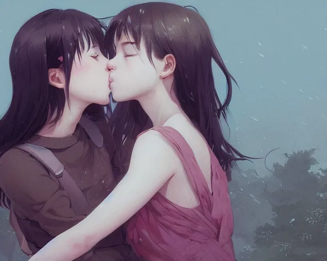 Image similar to two girls kissing and hugging, sharp details, sharp focus, elegant, highly detailed, illustration, by jordan grimmer and greg rutkowski and pine ( ハイネ ) and 薯 子 imoko and 香 川 悠 作 and wlop and maya takamura, intricate, beautiful, trending artstation, pixiv, digital art