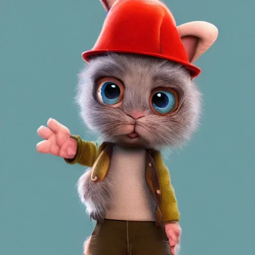 Prompt: very cute kid\'s film character rabbit, disney pixar dreamworks character concept artwork, 3d concept, detailed fur, animal wearing a hat, high detail iconic character for upcoming film, trending on artstation, beautiful texture and rendering
