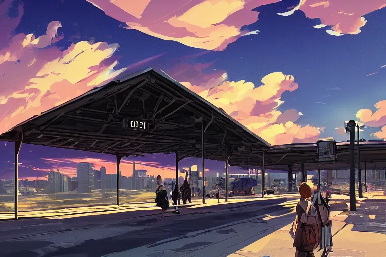 Prompt: train station roadside sunset sky clouds illustration by syd mead artstation 4 k 8 k graphic novel concept art matte painting