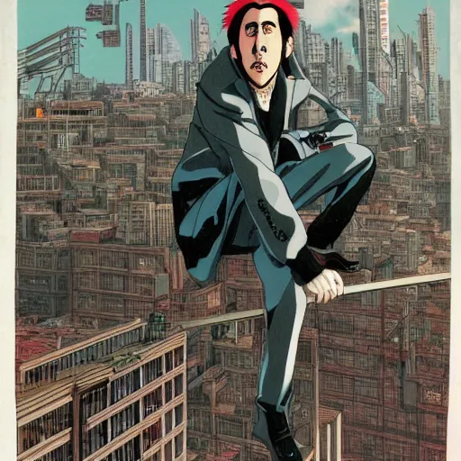 Prompt: Nic Cage sitting high atop the city on the edge of a building, cyberpunk, cel illustration, exquisitely detailed, Monkey Punch, Hayao Miyazaki, Kazuma Kaneko