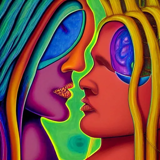 Image similar to emotive painting by alex grey of two bizarre femme creatures kissing each other closeup. they have strange appendages. they are in a psychedelic landscape. speculative evolution, exobiology, golden ratio