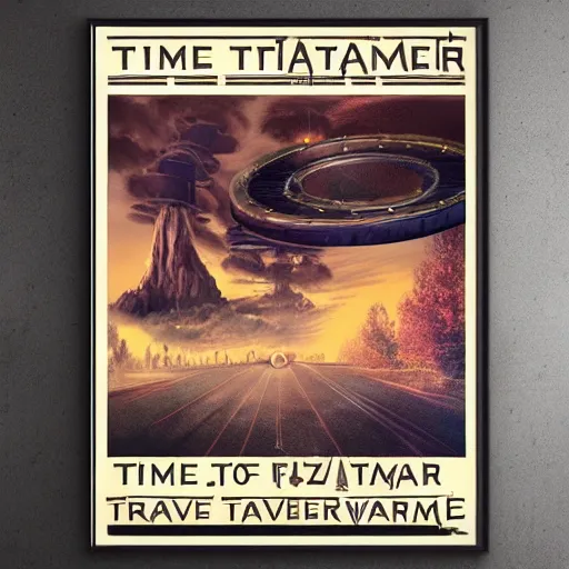 Prompt: travel poster for time travel to another era. time traveler. time machine. future and past. photorealistic detailed prizewinning