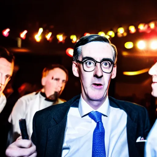 Image similar to hyperrealistic photography of jacob rees-mogg lost and confused in a rave with michael gove, wide angle, 28mm, dramatic disco lighting