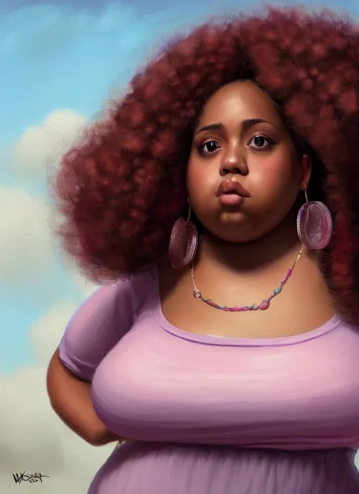 Image similar to full body portrait, teenage vanessa morgan, pink hair, brown skin, obese, curly pixie hair, sultry, realistic, short hair, hoop earrings, skirt, shirt, fat, belly, intricate, elegant, highly detailed, digital painting, artstation, concept art, smooth, sharp focus, illustration, art by wlop, mars ravelo and greg rutkowski