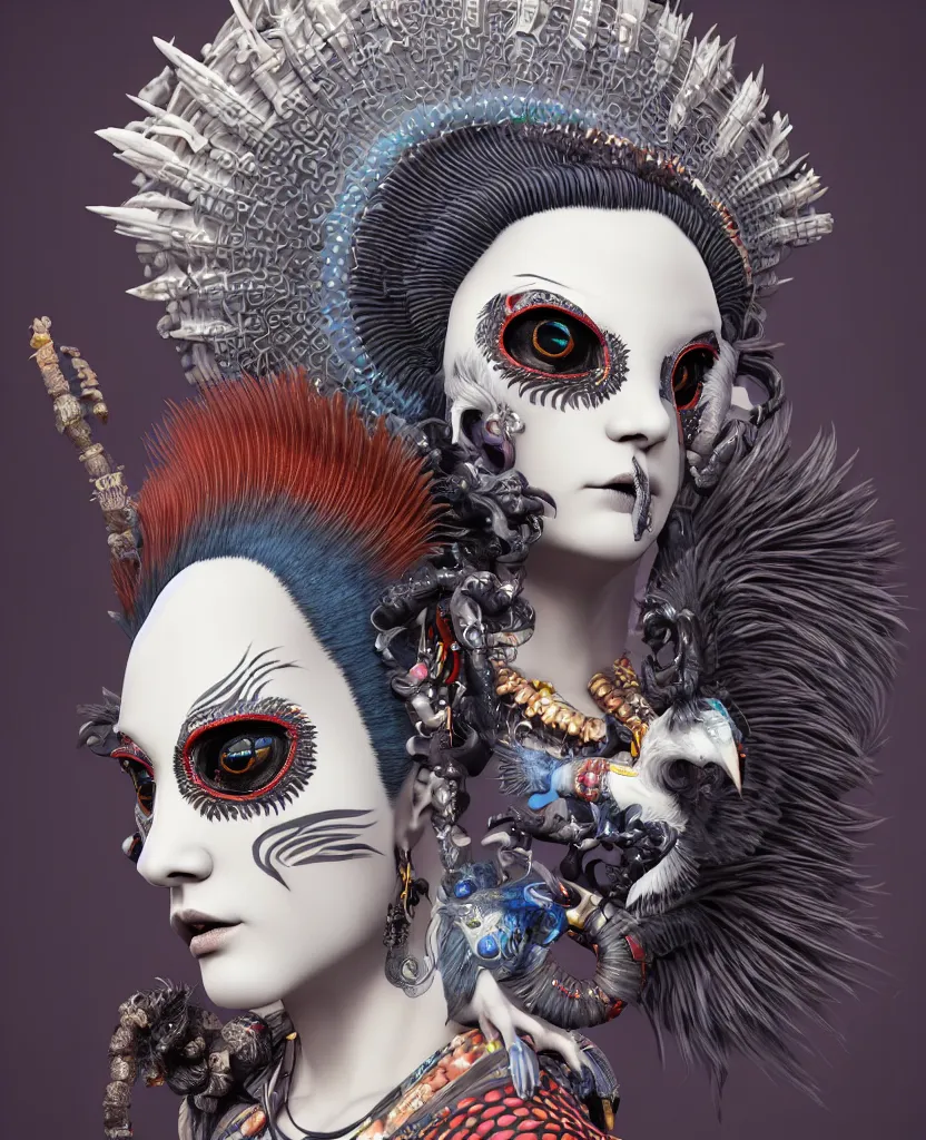 Image similar to 3 d goddess close - up profile portrait punk with mohawk with ram skull. beautiful intricately detailed japanese crow kitsune mask and clasical japanese kimono. betta fish, jellyfish phoenix, bio luminescent, plasma, ice, water, wind, creature, artwork by tooth wu and wlop and beeple and greg rutkowski