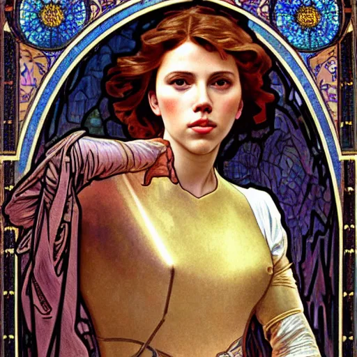 Prompt: realistic detailed face portrait of 16-year old Scarlett Johansson as Joan of Arc wearing iridescent armor by Alphonse Mucha, art nouveau