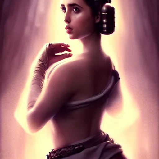 Prompt: ana de armas as princess leia, digital painting, extremely detailed, 4 k, intricate, brush strokes, mark arian, artgerm, bastien lecouffe - deharme