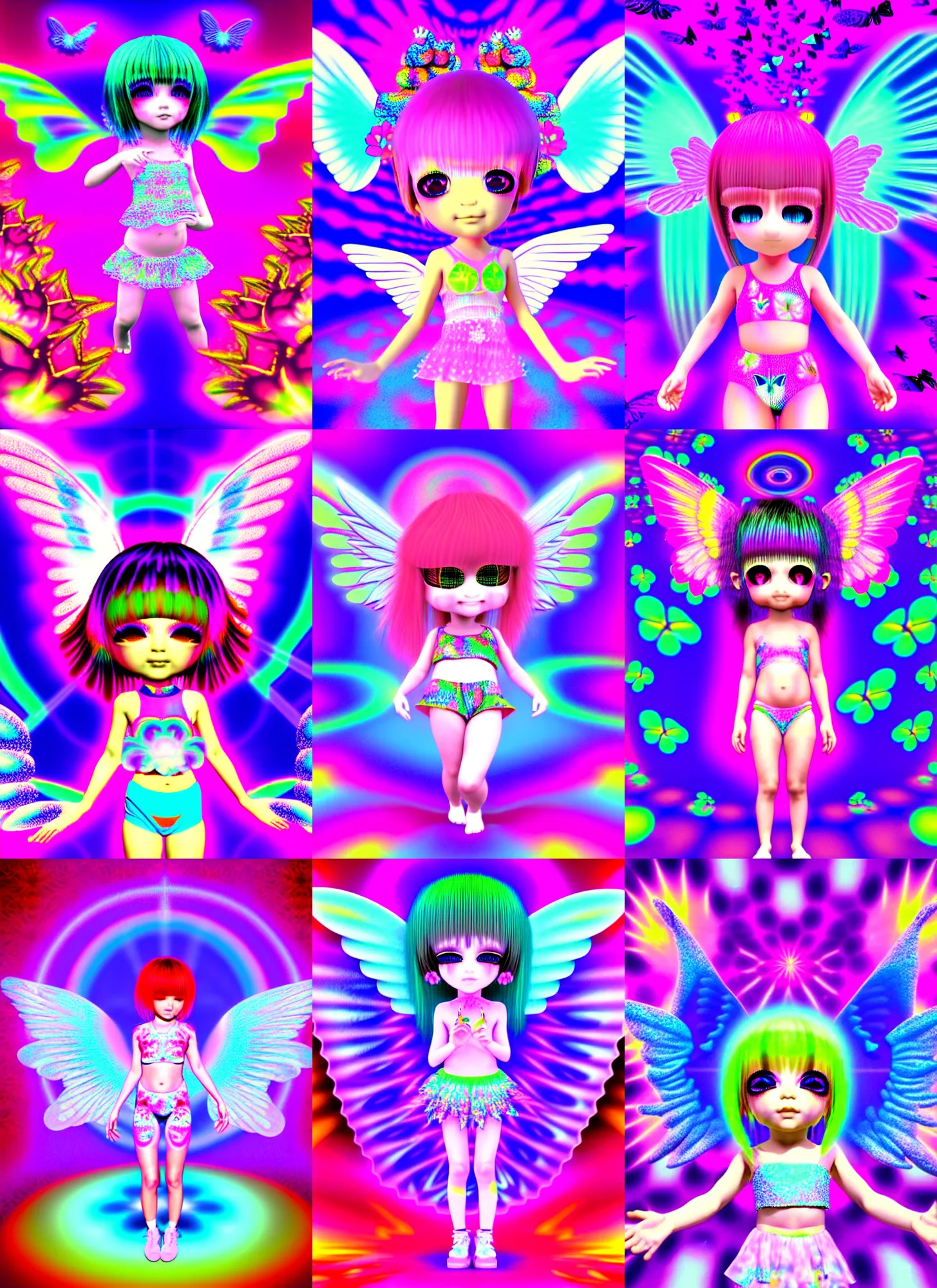 Prompt: 3d render of chibi rave flower baby by Ichiro Tanida wearing angel wings against a psychedelic swirly background with 3d butterflies and 3d flowers n the style of 1990's CG graphics 3d rendered y2K aesthetic by Ichiro Tanida, 3DO magazine