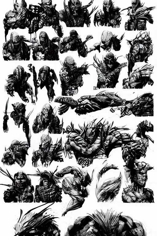 Image similar to predator concept art by yoji shinkawa, character concept sheet, white background, ink, trending on artstation, sharp focus, illustration, concept art, 8 k