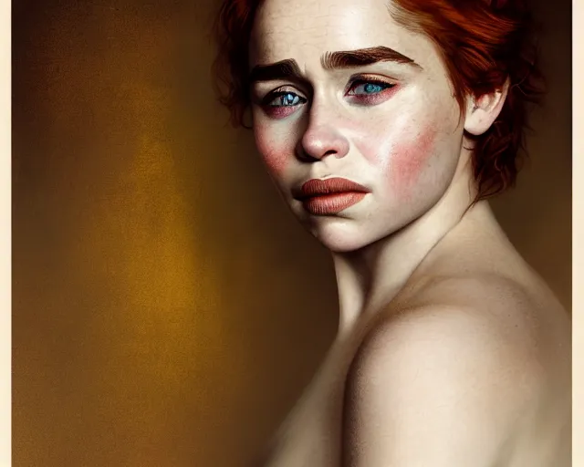 Image similar to 5 5 mm portrait photo of young redhead short hair emilia clarke with flower face paint, gold atmosphere. art by greg rutkowski. highly detailed 8 k. intricate. lifelike. soft light. nikon d 8 5 0.