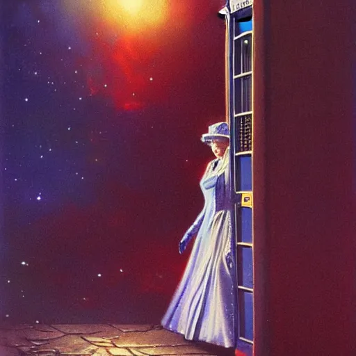 Prompt: Concept art of Queen Elizabeth II stepping out of the tardis, mysterious, ultrarealistic, cinematic lighting, 4k, wide angle, Bruce Pennington