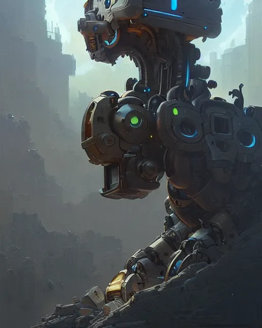 Image similar to bastion the robot from overwatch, character portrait, concept art, intricate details, highly detailed by greg rutkowski, michael whelan and gustave dore