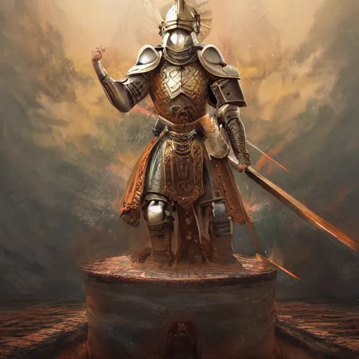 Image similar to a divine warrior wearing heavy armor praying at an altar, artstation hall of fame gallery, editors choice, #1 digital painting of all time, most beautiful image ever created, emotionally evocative, greatest art ever made, lifetime achievement magnum opus masterpiece, the most amazing breathtaking image with the deepest message ever painted, a thing of beauty beyond imagination or words