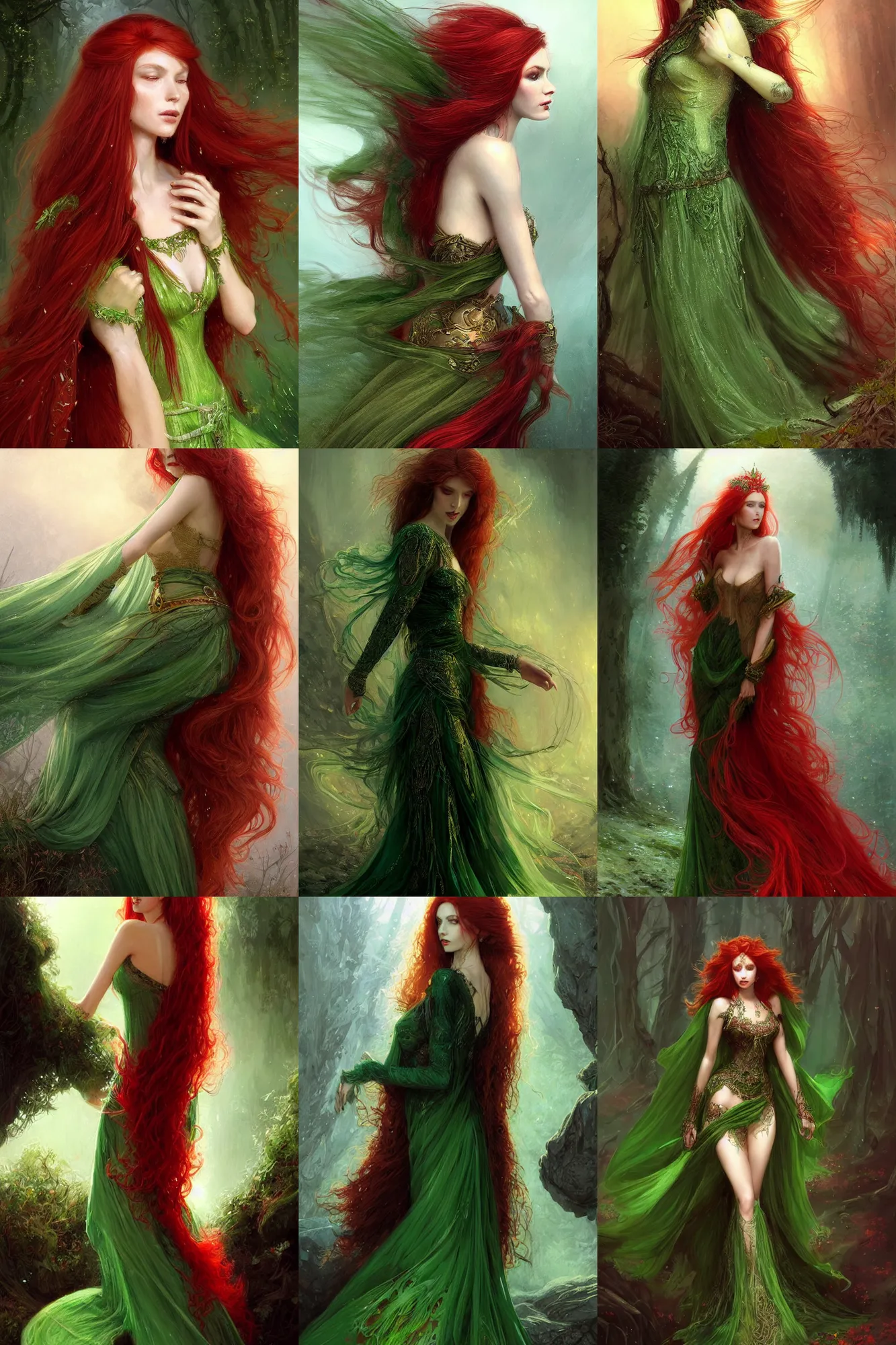 Prompt: red haired goddess, beautiful, feminine, pretty, long - hair, all covered green dress and veil, black jewels, fantasy, dressed!!!! magical, mystical, intricate, elegant, highly detailed, digital painting, artstation, concept art, smooth, sharp focus, illustration, art by gaston bussiere and greg rutkowski
