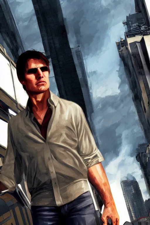 Prompt: a medium shot of tom cruise in gta 4, loading screen art by stephen bliss, highly detailed, trending on artstationhq