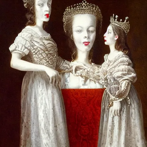 Prompt: a dead French Queen is haunted by ghostly two servant girls who whisper in her ear, red and white flowers, perfume, baroque, queer