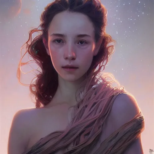 Image similar to portrait of a girl with the universe inside her head, filaments, surreal, intricate, headshot, highly detailed, digital painting, artstation, concept art, sharp focus, cinematic lighting, illustration, art by artgerm and greg rutkowski, alphonse mucha, cgsociety, science fiction