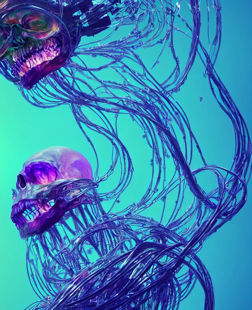 Image similar to close-up portrait of skull dichroic wires and cables jellyfish skull, betta fish, bioluminiscent creatures, intricate artwork by Tooth Wu and wlop and beeple. octane render, trending on artstation, greg rutkowski very coherent symmetrical artwork. cinematic, hyper realism, high detail, octane render, 8k