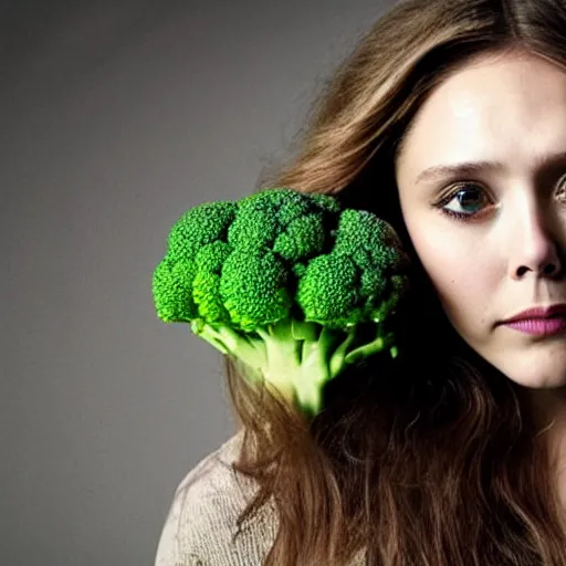 Prompt: elizabeth olsen with a [ face!!! made of broccoli ]!!, trending on cgsociety, 4 k quality, intricate