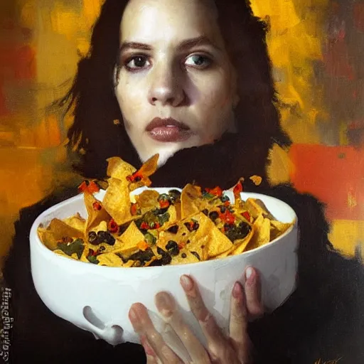 Prompt: portrait nachos with cheese and jalapeno, white background, detailed painting, epic lighting, by ilya repin, phil hale and kent williams