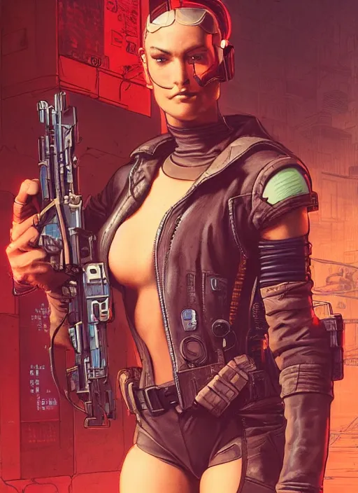 Image similar to cyberpunk mercenary. portrait by stonehouse and mœbius and will eisner and gil elvgren and pixar. realistic proportions. cyberpunk 2 0 7 7, apex, blade runner 2 0 4 9 concept art. cel shading. attractive face. thick lines.