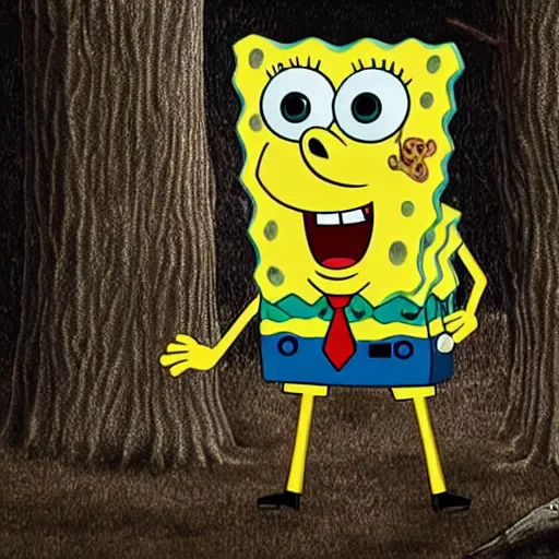 Prompt: spongebob in the blair witch, movie stil, photorealistic, extreme detail