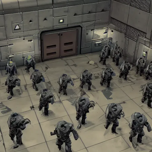 Image similar to fallout enclave fighter in power armor with a minigun in his hands shoots a crowd of zombies in the corridor of the bunker, camera view isometric, post - apocalypse, 3 d prerender, realism