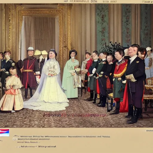 Image similar to a wide full shot, colored russian and japanese mix historical fantasy of a photograph taken of a royal wedding opening remarks, photorealistic, warm lighting, 1 9 0 7 photo from the official wedding photographer for the royal wedding.