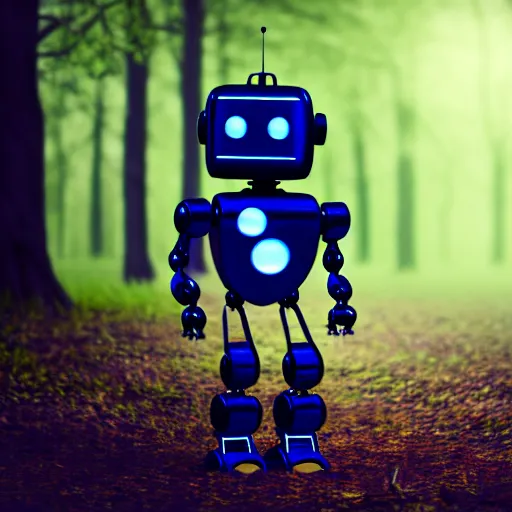 Image similar to a cute little robot in a wood. super realistic 8 k render of a dark hooded powerful elegant, cinematic composition