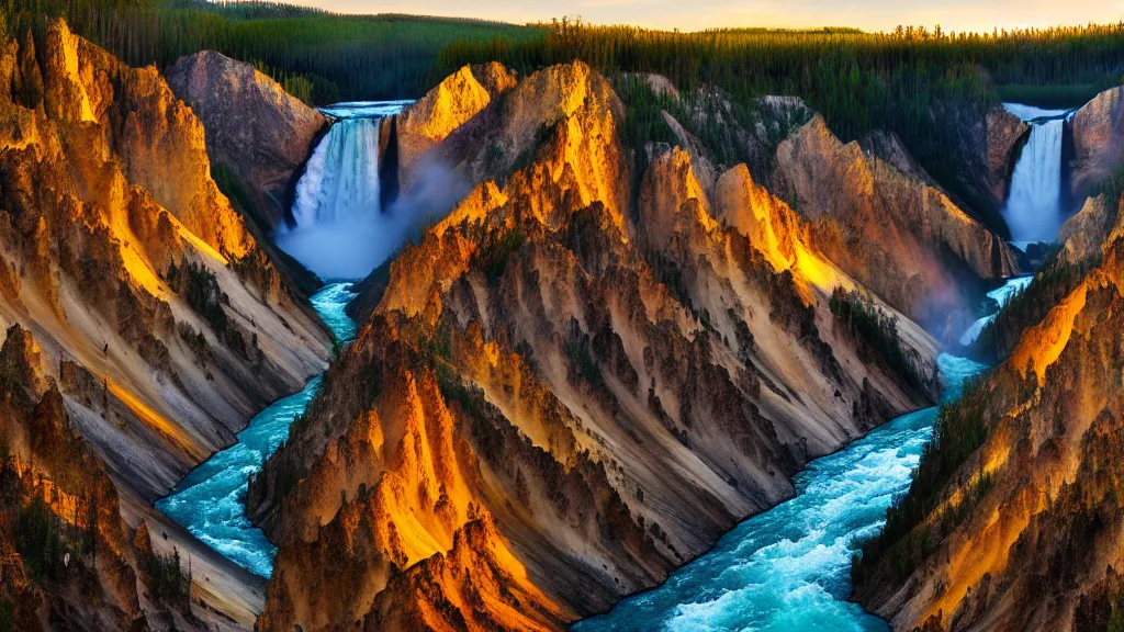 Prompt: Yellowstone river valley, lower falls, matte painting, golden hour, photorealistic