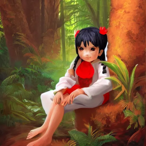 Image similar to a christopher balaskas of reimu in the jungle wearing bonnet