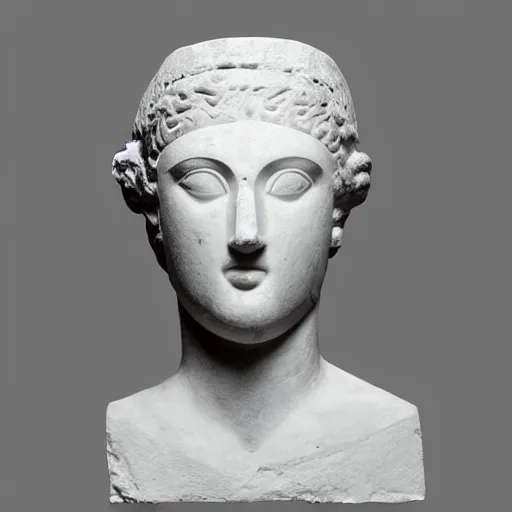 Image similar to minimalist drawing of an ancient greek head made of marble, of which a piece is missing but replaced by a polygonal futuristic reconstruction